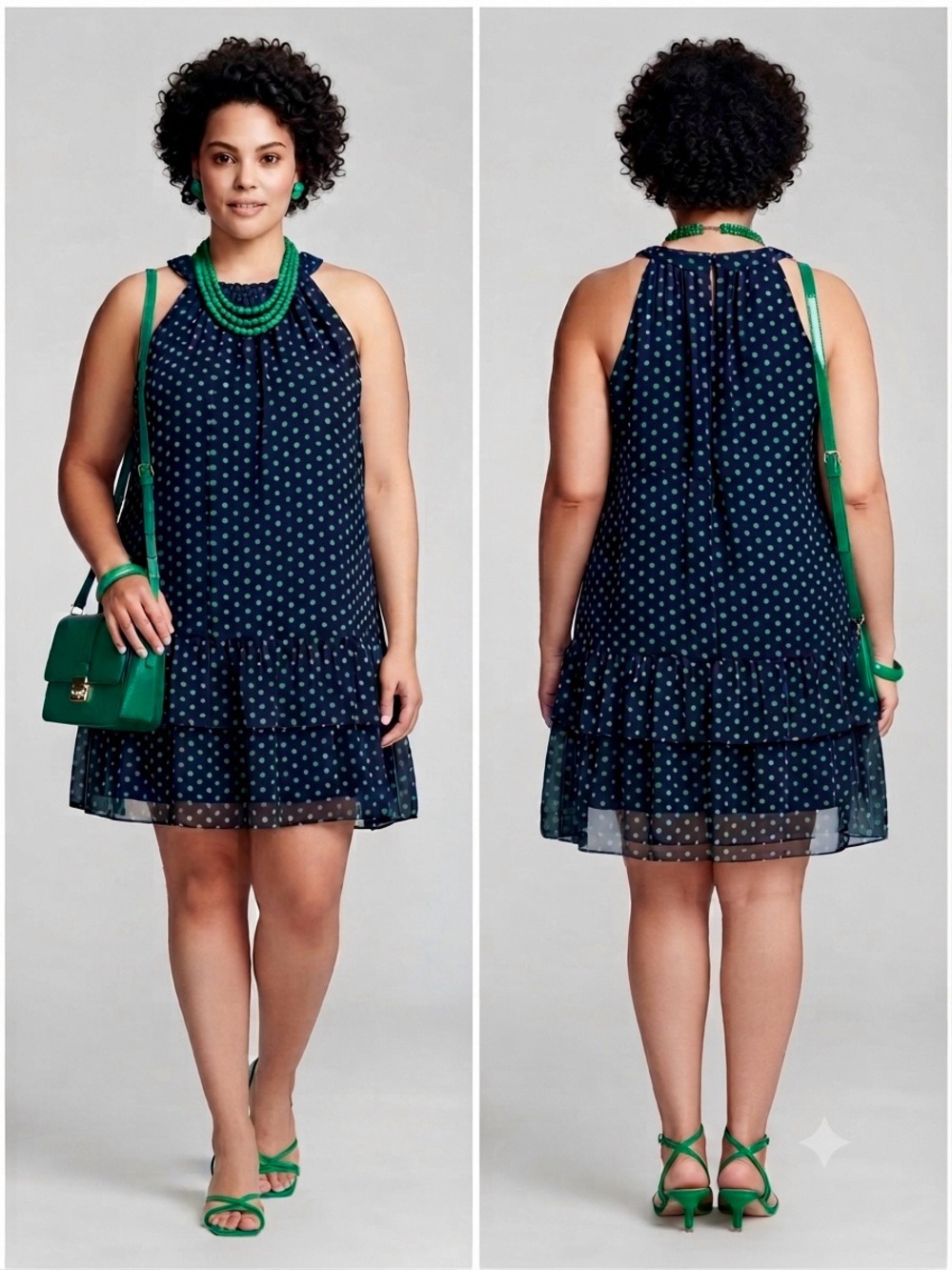 J.B.S. Navy Blue with green Polka Dot Tiered Dress – Size 12